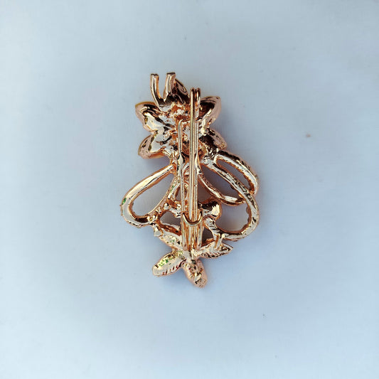 Amber Iridescent Floral Scrollwork Saree Pin - Rose Gold Rhinestone Brooch