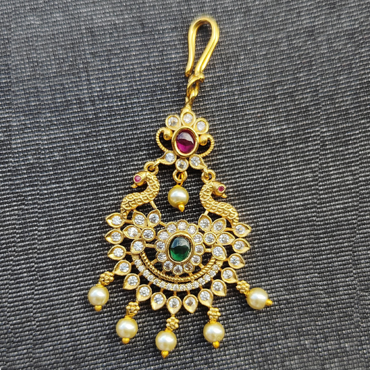 Traditional Gold-Plated Peacock Tikka with Pearls and Gemstones