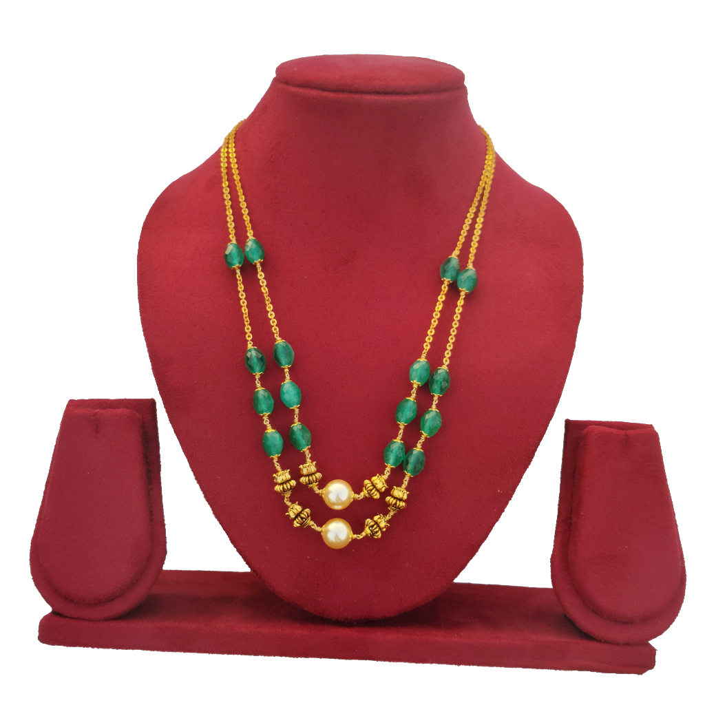 Emerald Green Pearl Double Strand Gold Necklace - Traditional Indian Jewelry
