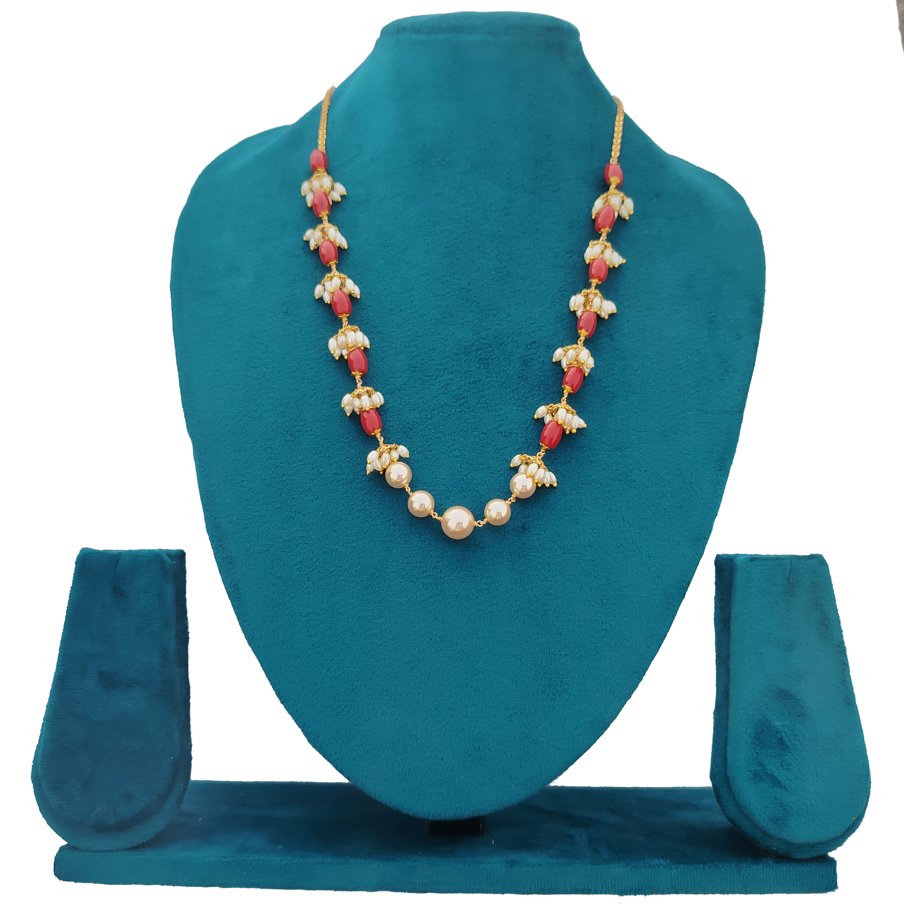 Coral Pearl Floral Gold Necklace - Traditional Indian Bridal Jewelry