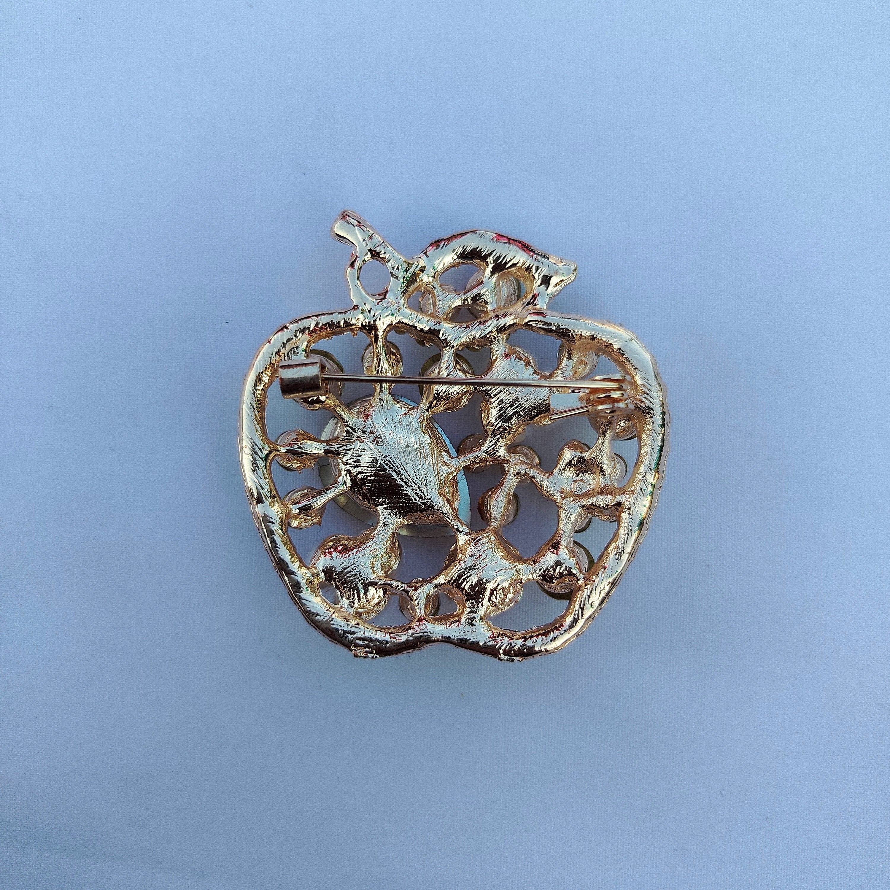 Crystal Apple Saree Pin - Mixed AB Rhinestone Brooch with Leaf Detail