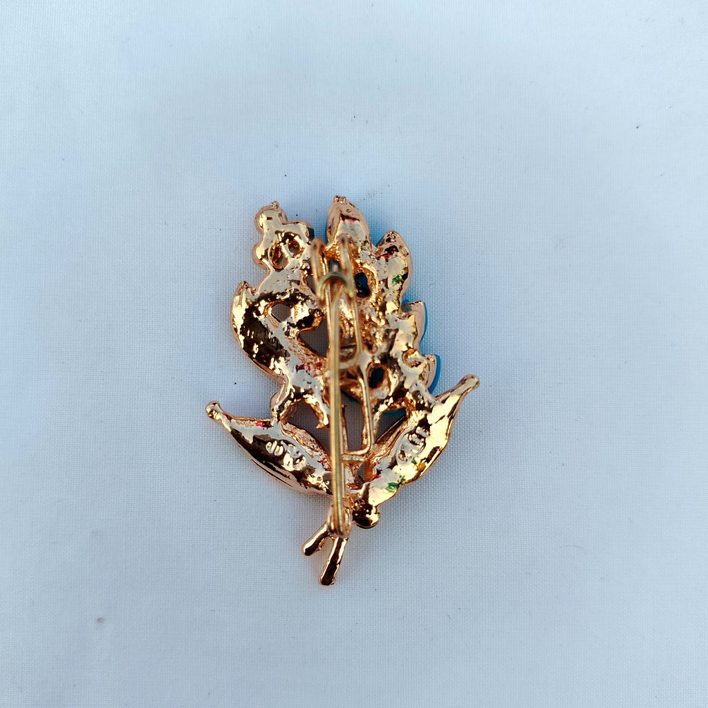 Turquoise Botanical Saree Pin - Mixed Crystal Leaf Rhinestone Brooch