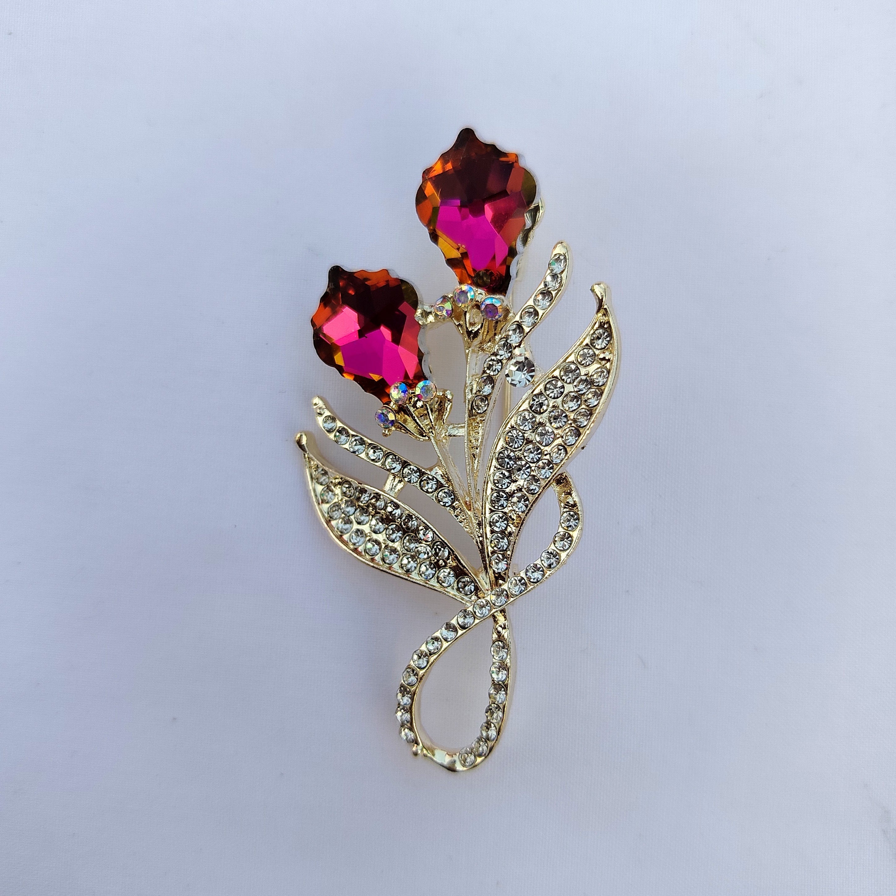 Emerald & Fuchsia Botanical Saree Pin Set - Multi-Color Crystal Rhinestone Brooch