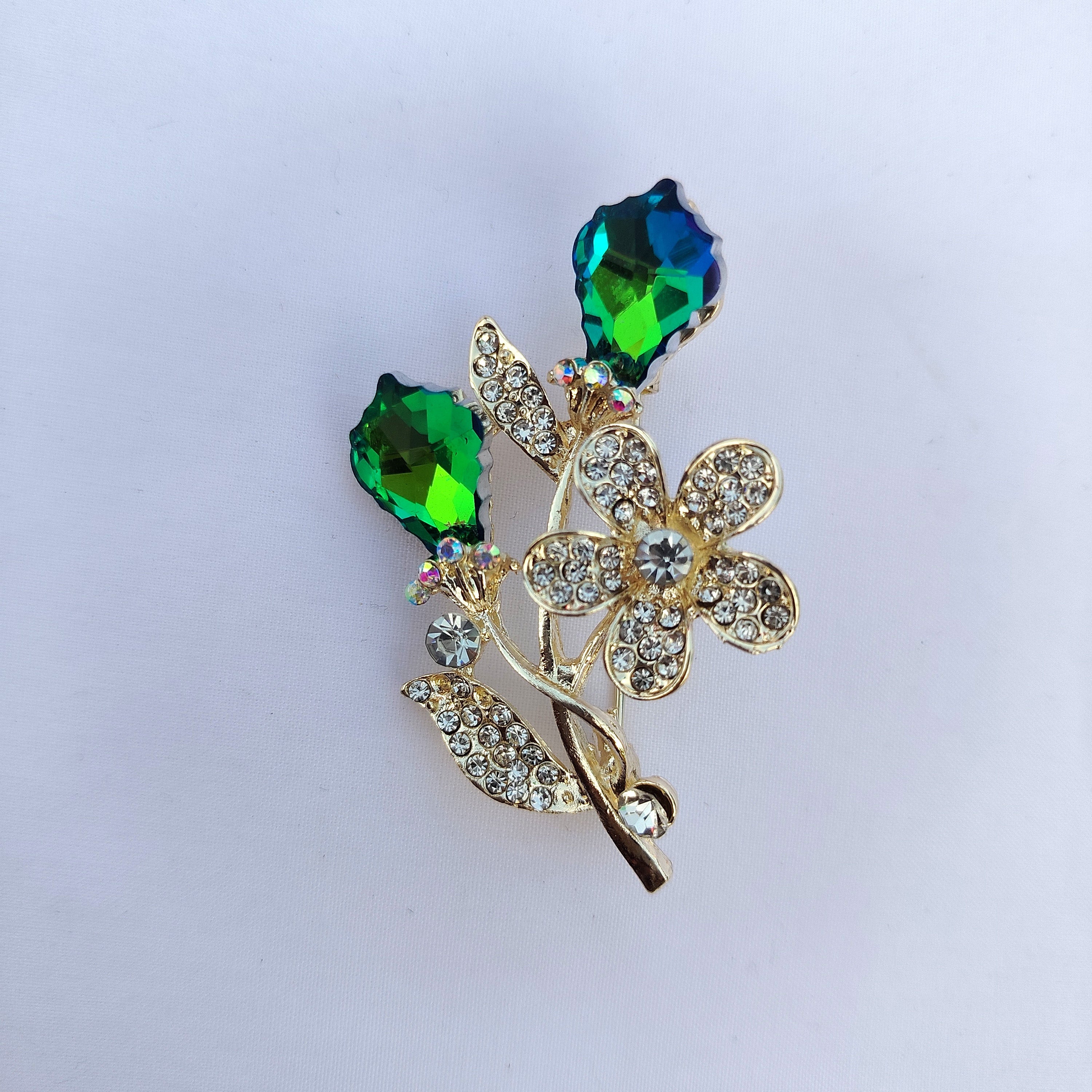 Emerald & Fuchsia Botanical Saree Pin Set - Multi-Color Crystal Rhinestone Brooch