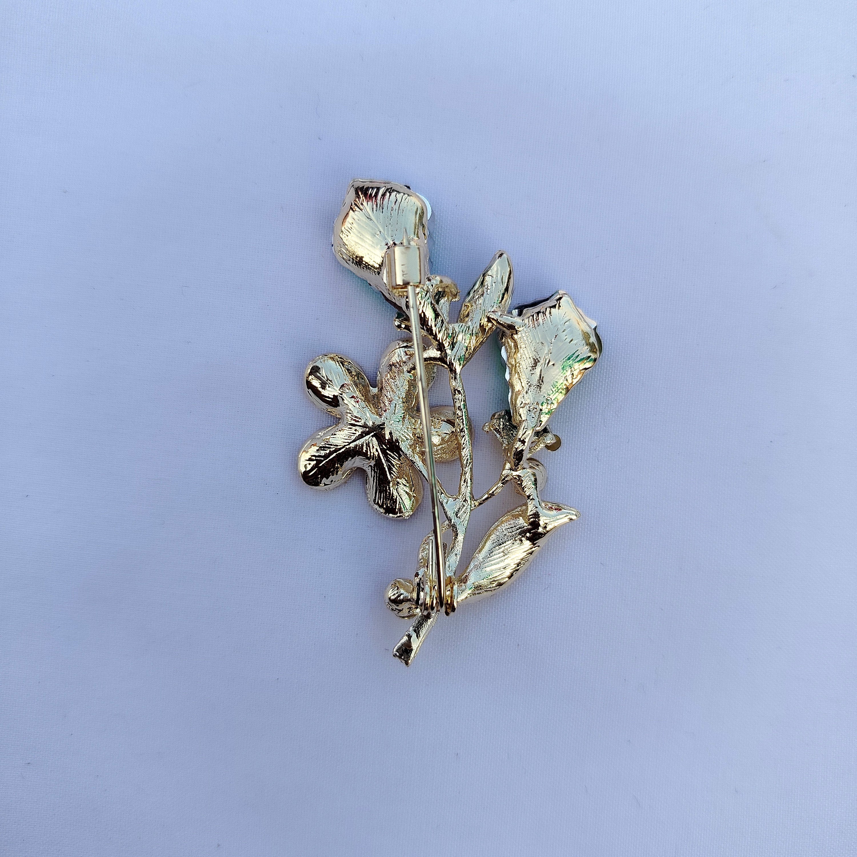 Emerald & Fuchsia Botanical Saree Pin Set - Multi-Color Crystal Rhinestone Brooch