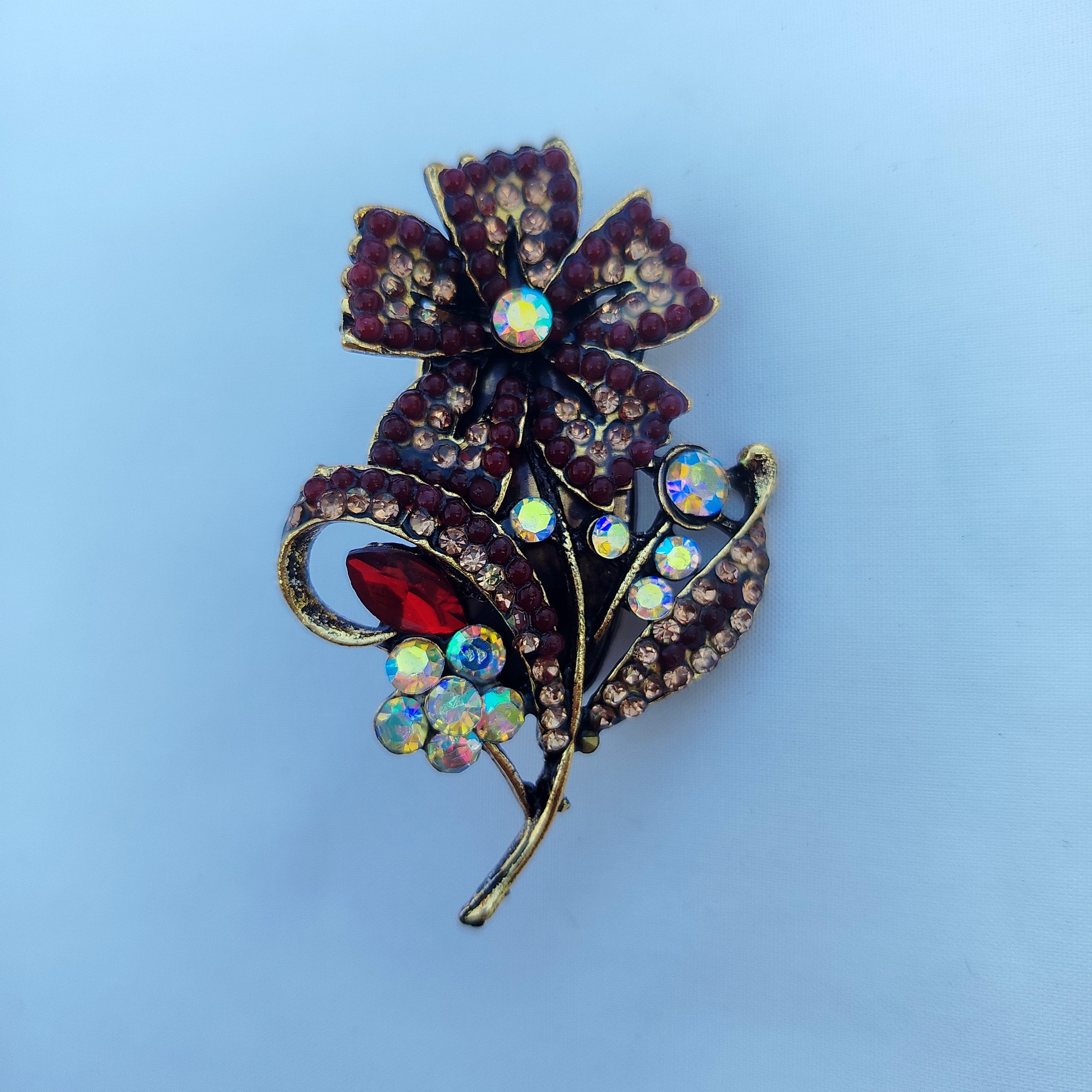 Vintage Purple Floral Saree Pin - Ruby Red Crystal Rhinestone Brooch