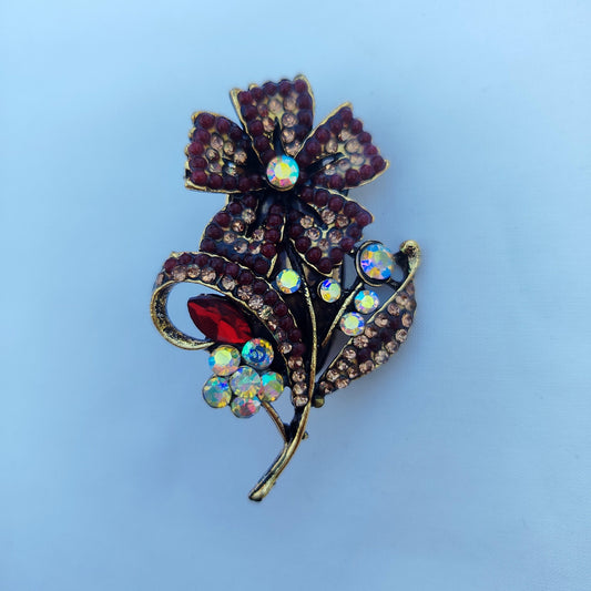 Vintage Purple Floral Saree Pin - Ruby Red Crystal Rhinestone Brooch