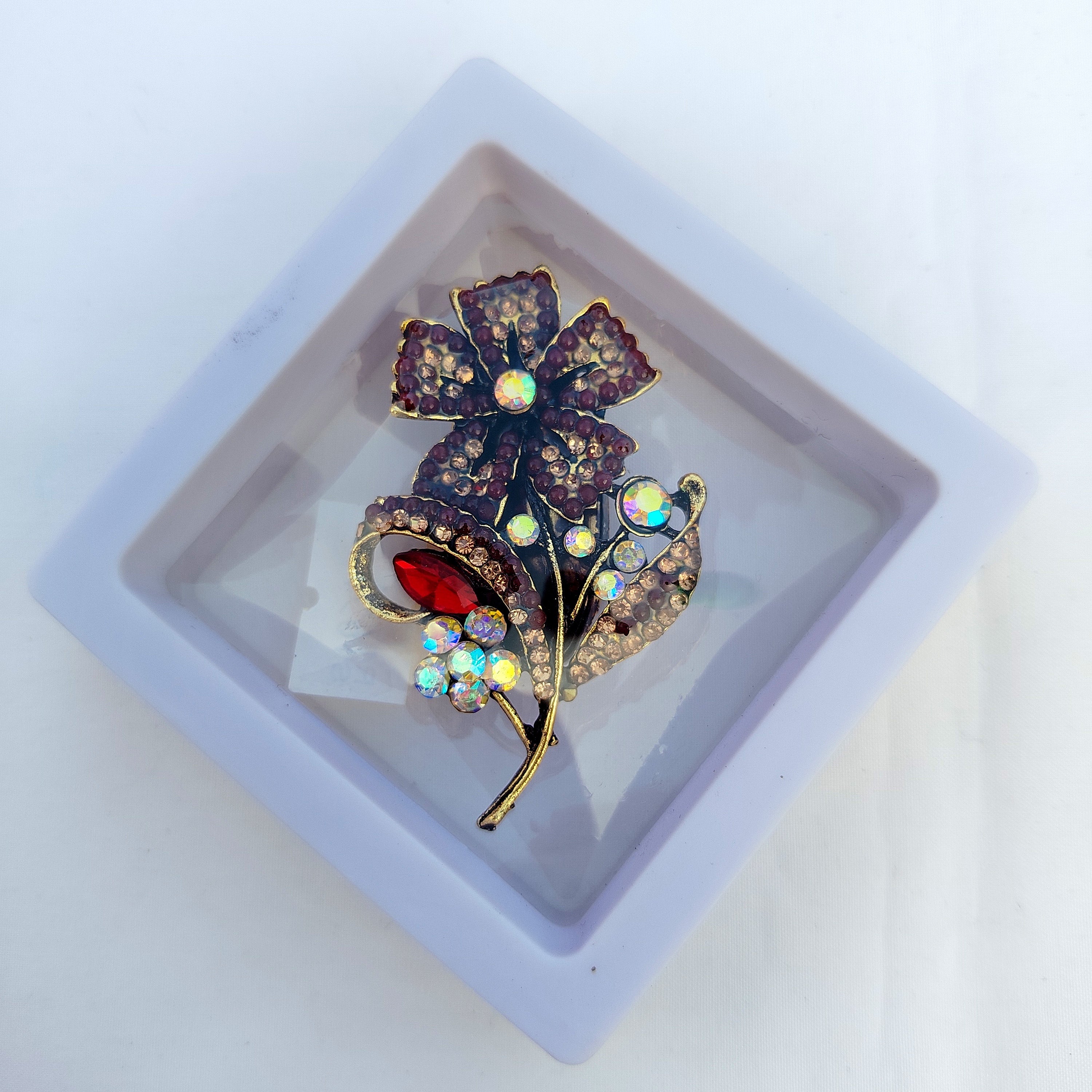 Vintage Purple Floral Saree Pin - Ruby Red Crystal Rhinestone Brooch