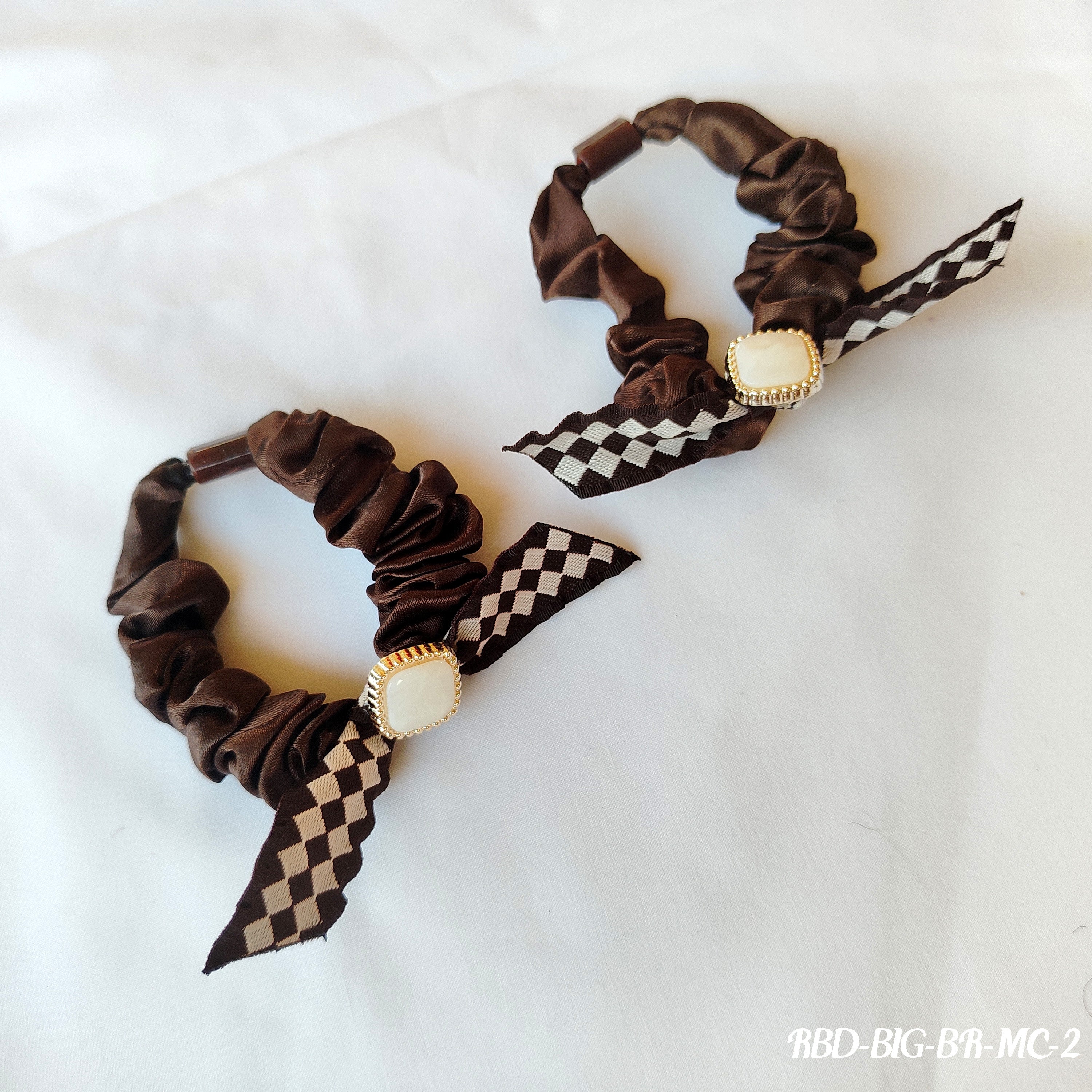 Satin Scrunchie with Checkered Ribbon Tail & Pearl Accent