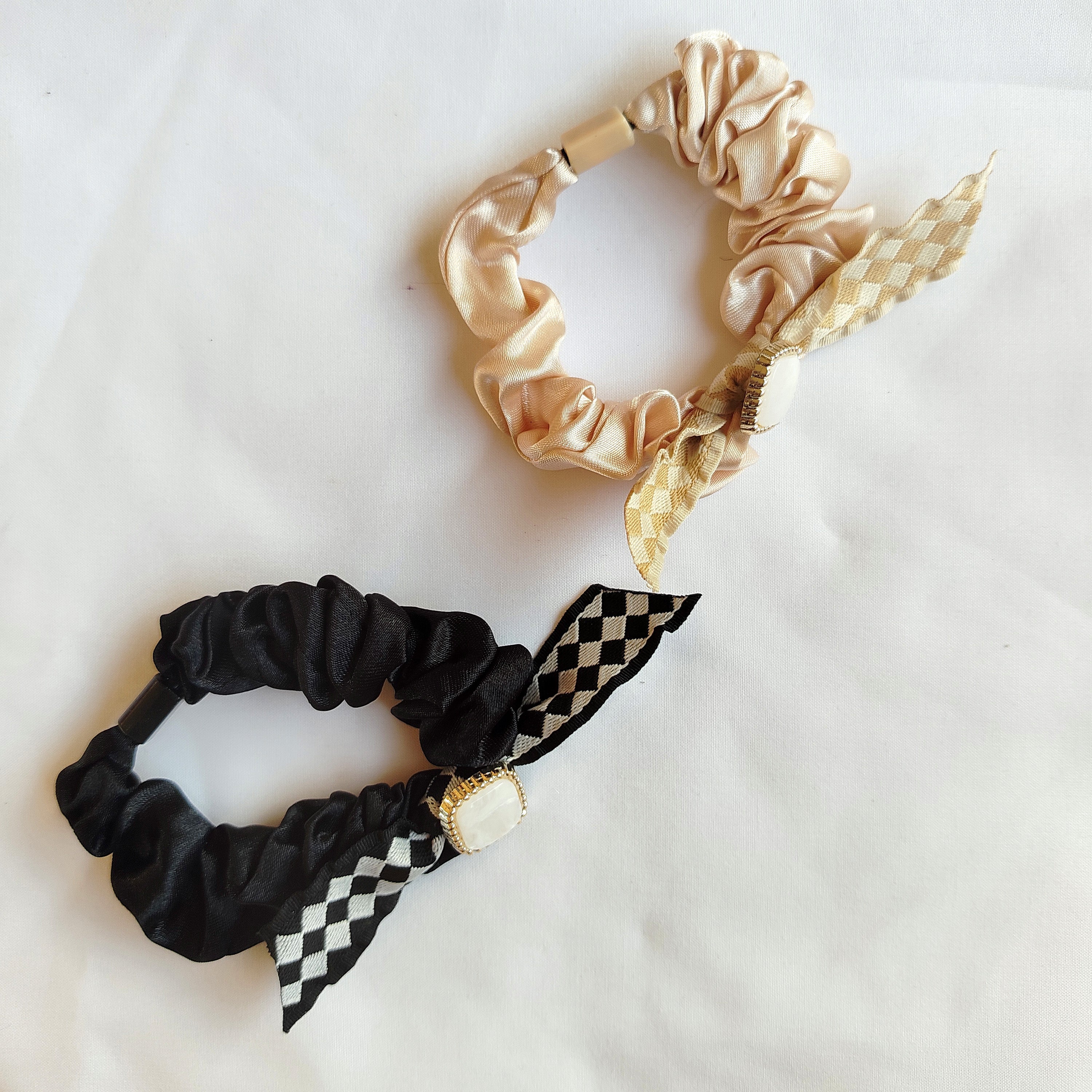 Satin Scrunchie with Checkered Ribbon Tail & Pearl Accent