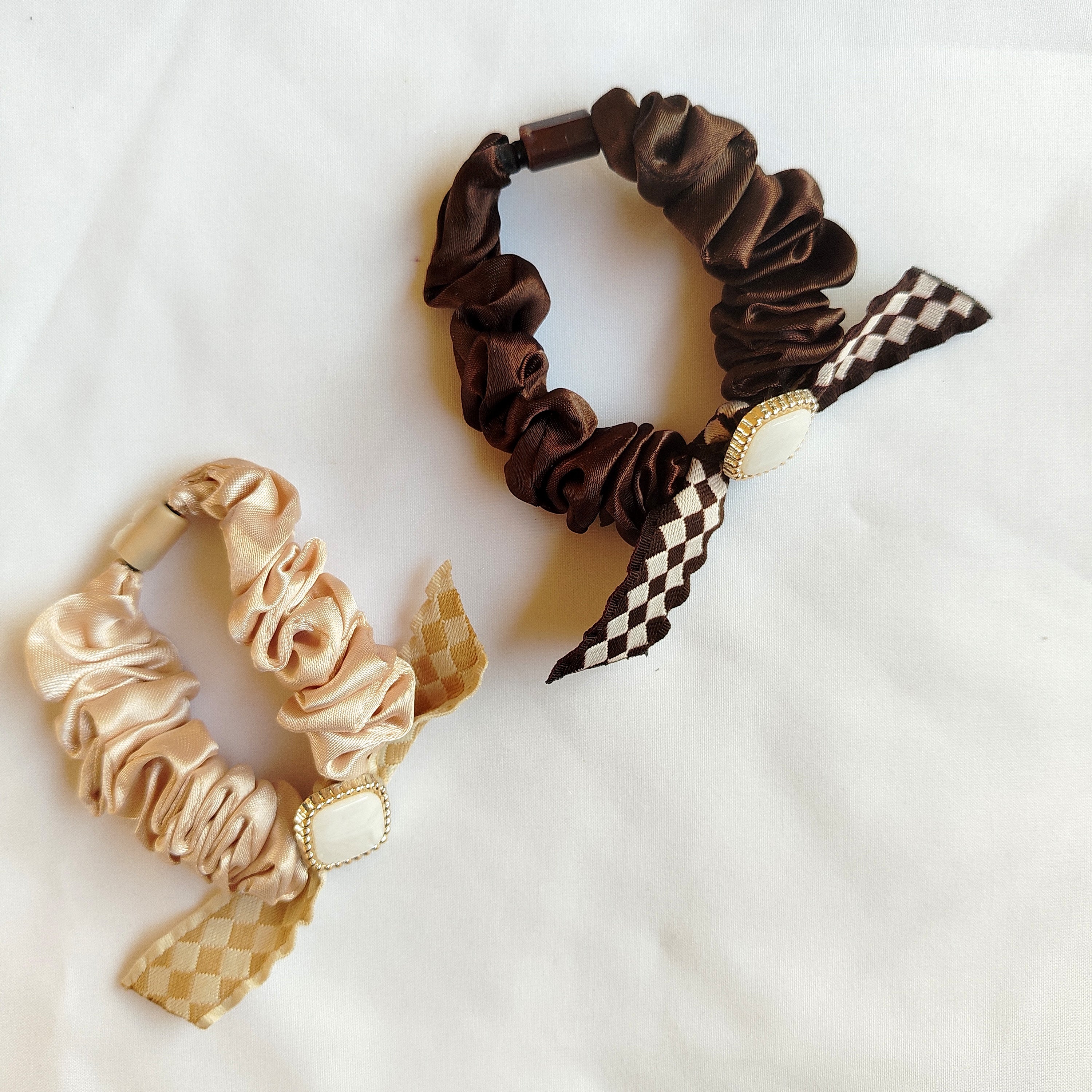 Satin Scrunchie with Checkered Ribbon Tail & Pearl Accent