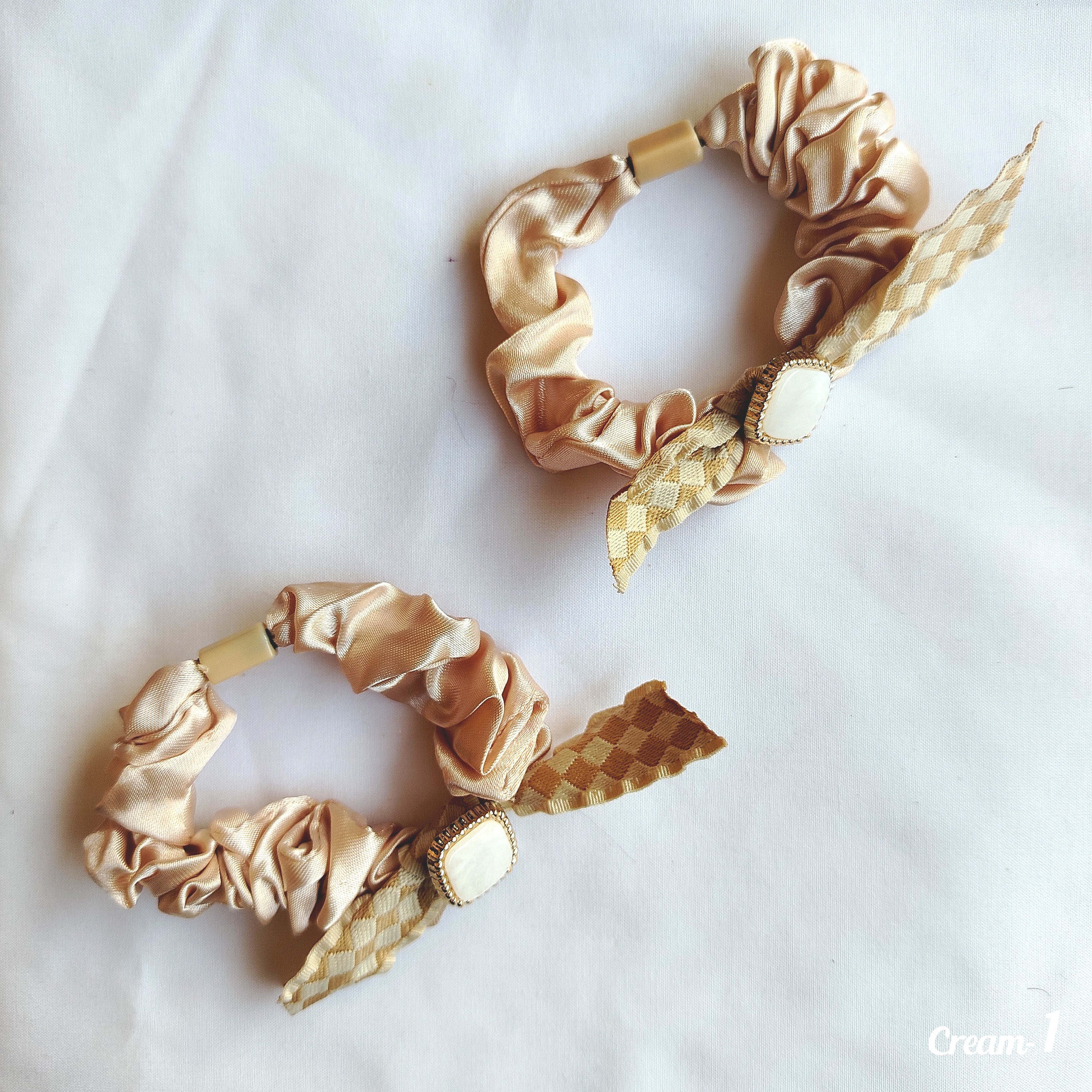 Satin Scrunchie with Checkered Ribbon Tail & Pearl Accent