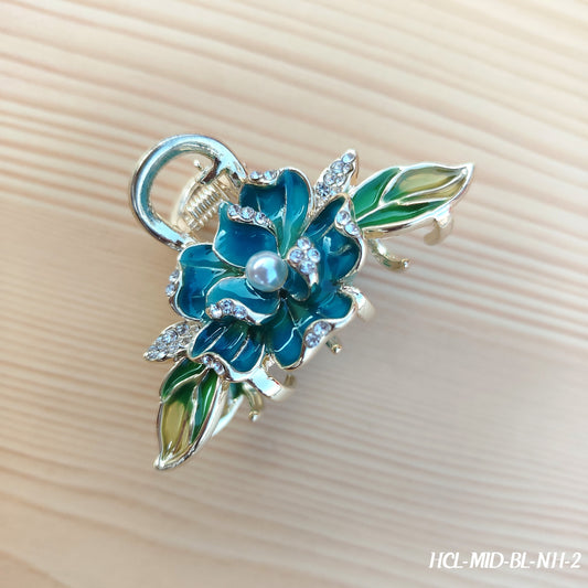 Ornate Floral Hair Clip with Enamel & Crystal Accents