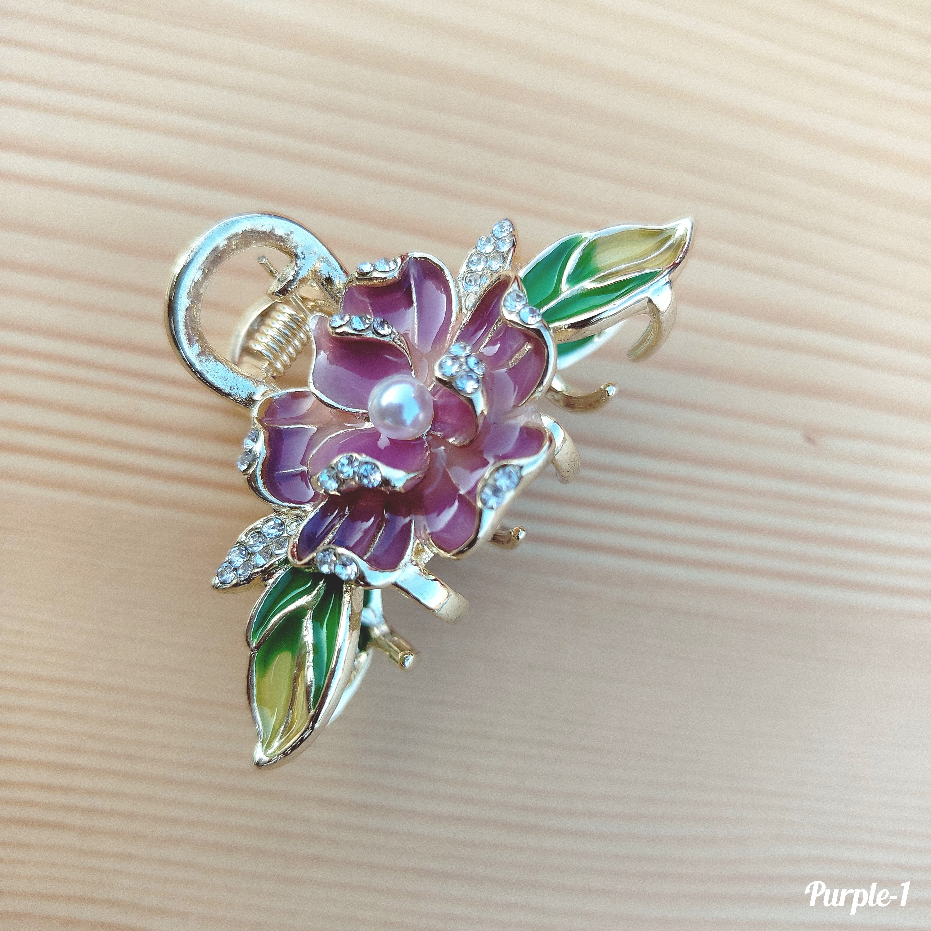 Ornate Floral Hair Clip with Enamel & Crystal Accents