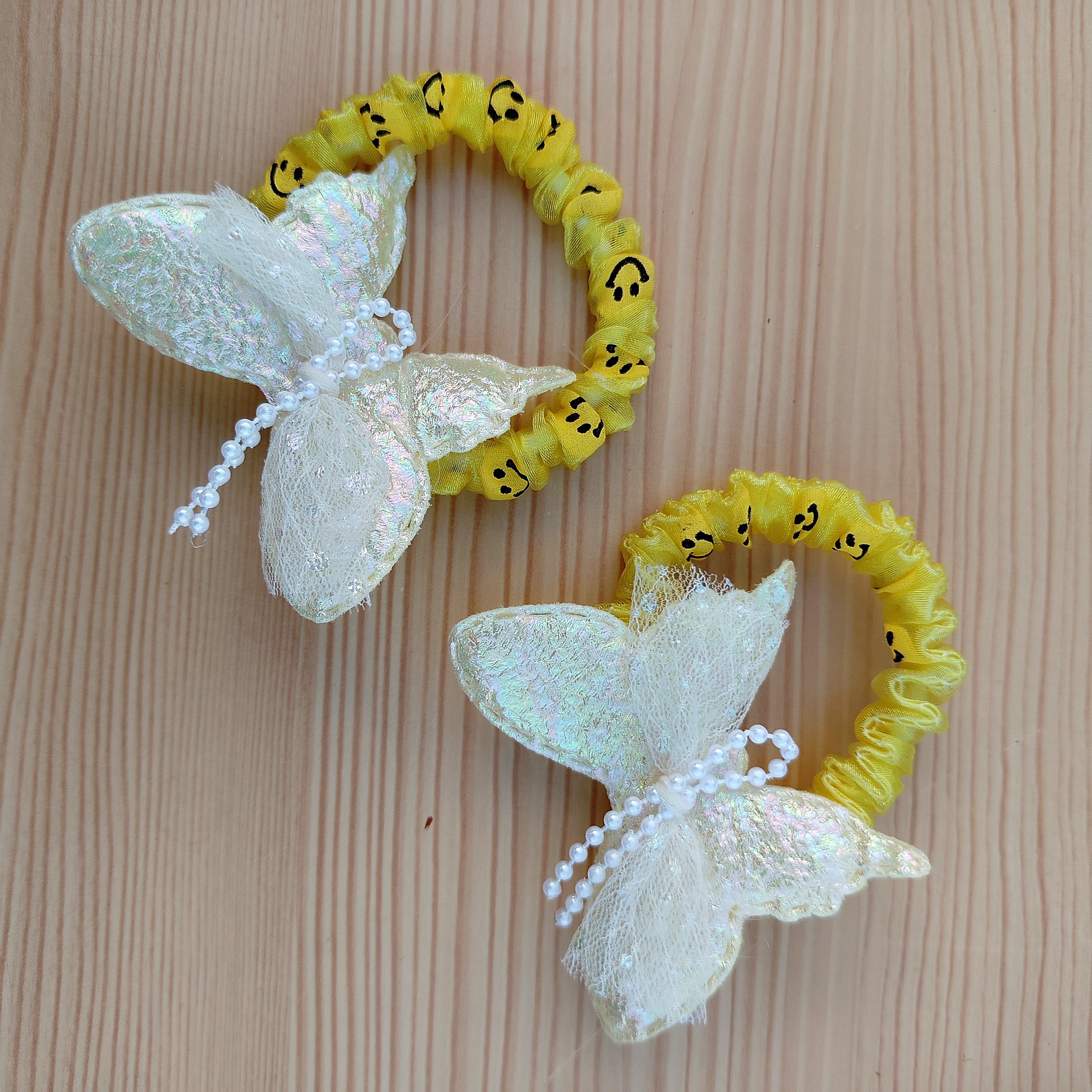 Butterfly Hair Scrunchie Set of 2 Elegant Lace Wings with Pearl Beads