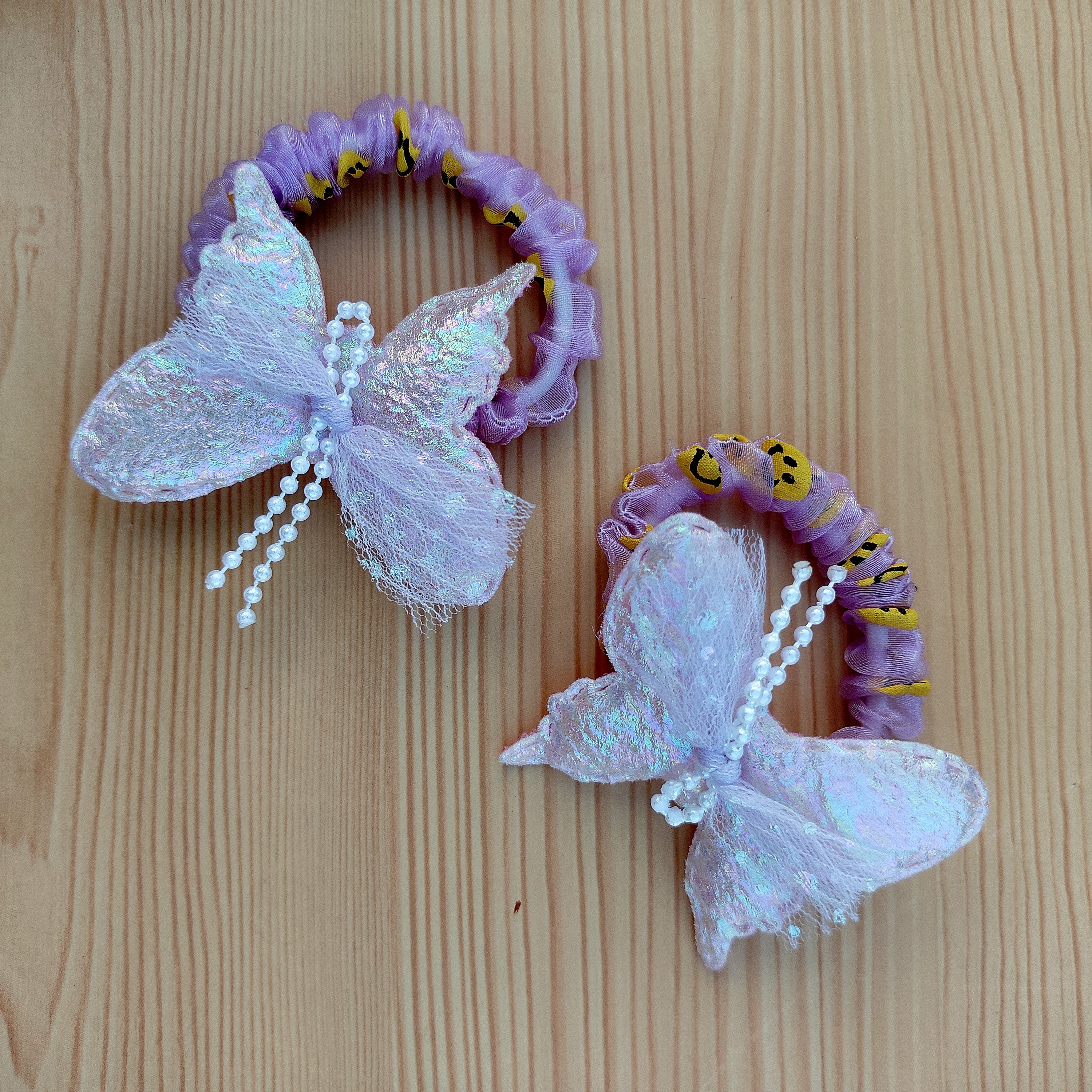 Butterfly Hair Scrunchie Set of 2 Elegant Lace Wings with Pearl Beads