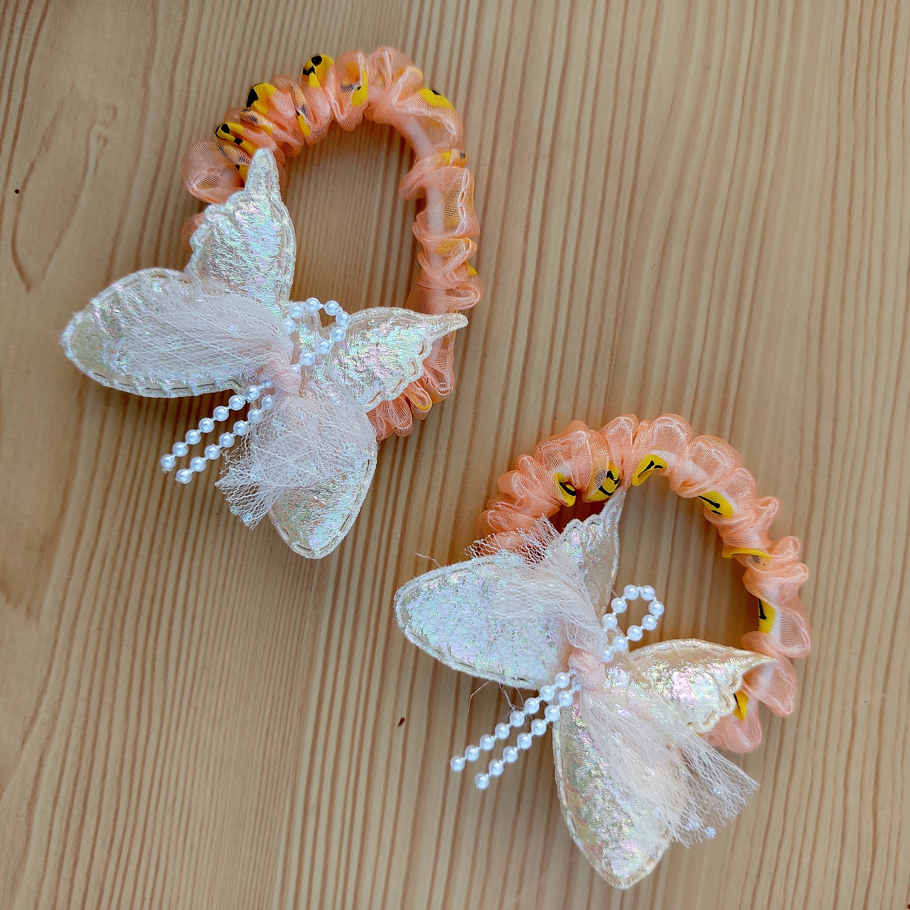 Butterfly Hair Scrunchie Set of 2 Elegant Lace Wings with Pearl Beads