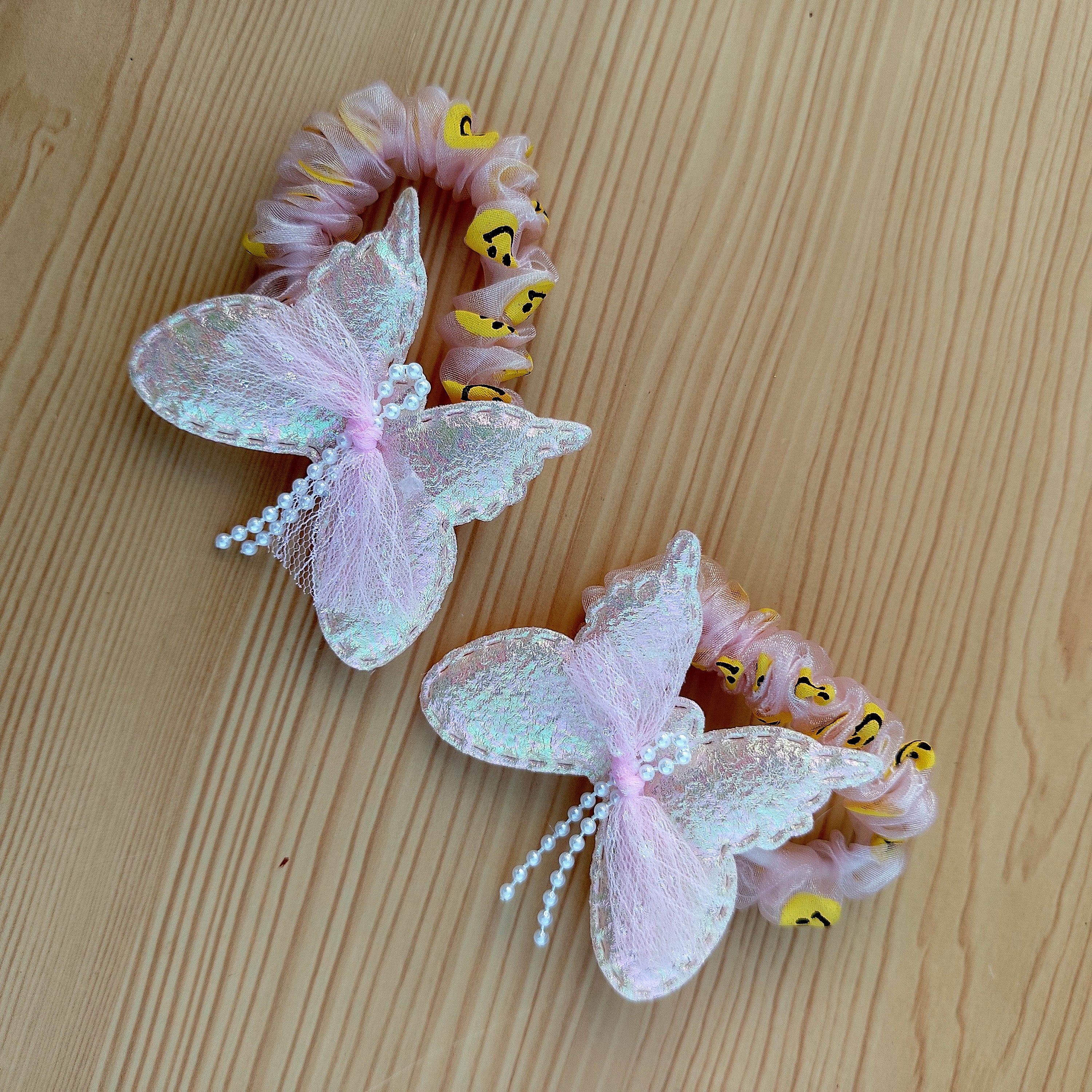 Butterfly Hair Scrunchie Set of 2 Elegant Lace Wings with Pearl Beads