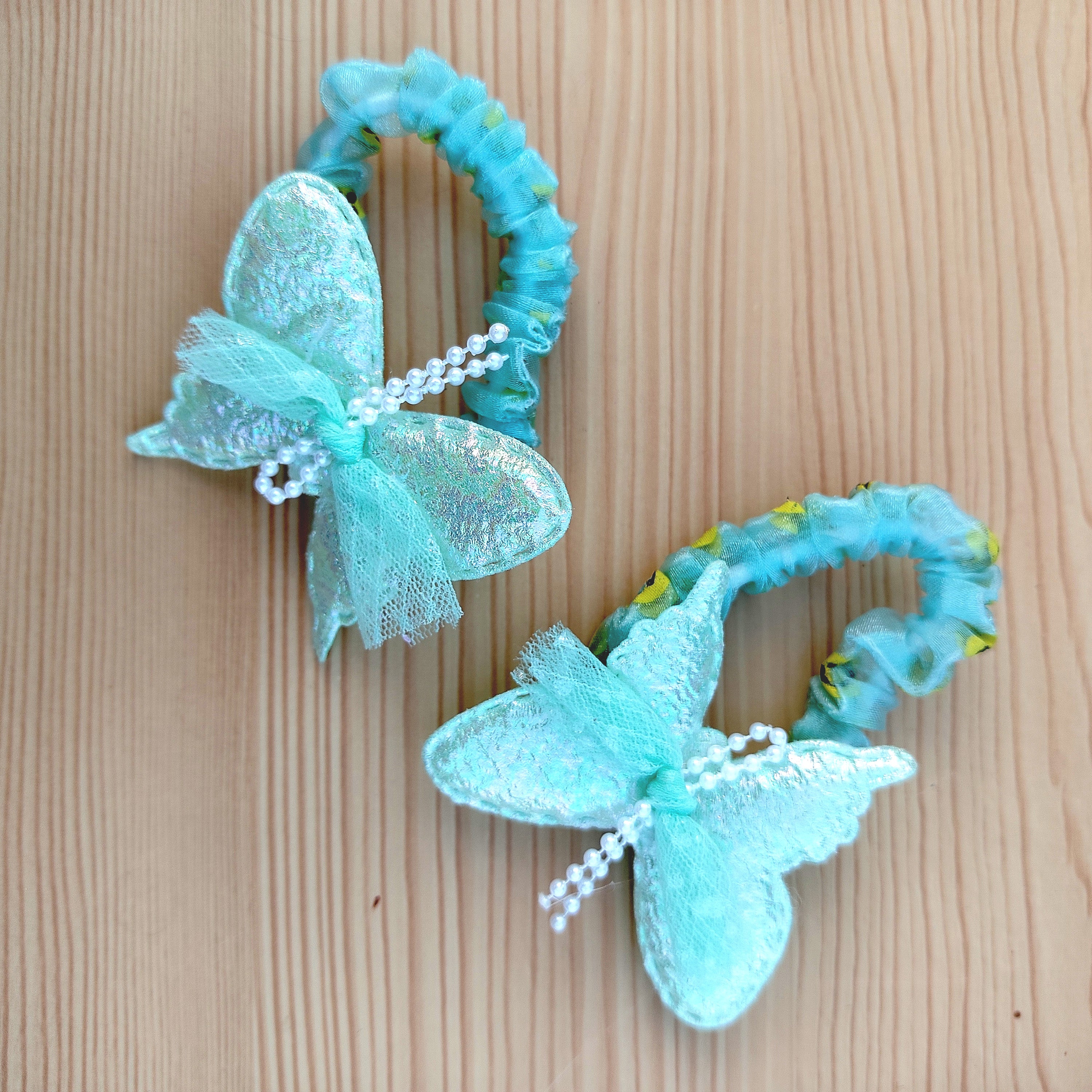 Butterfly Hair Scrunchie Set of 2 Elegant Lace Wings with Pearl Beads