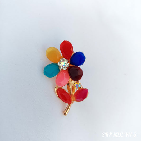 Multicolor Flower Saree Pin - Gold Tone Brooch with Crystal Center