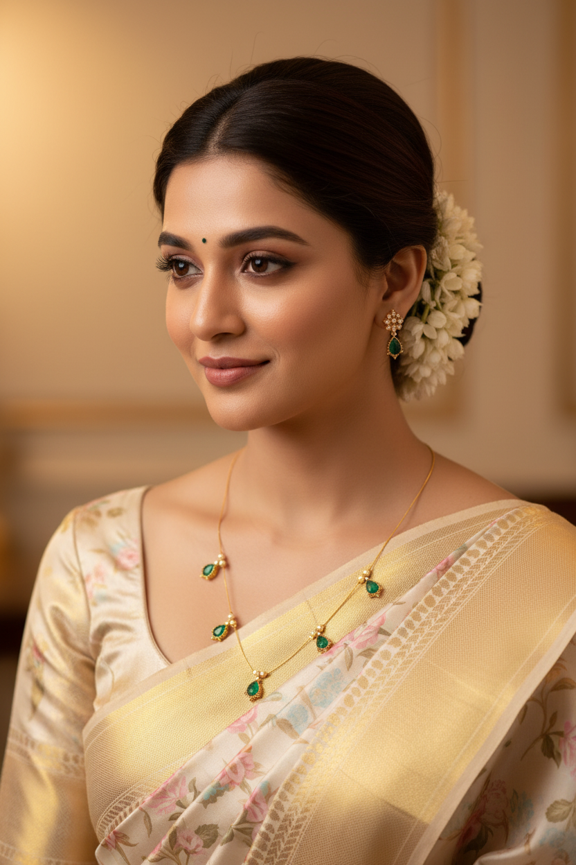 Beautiful Indian woman wearing delicate gold chain with green stone pendants