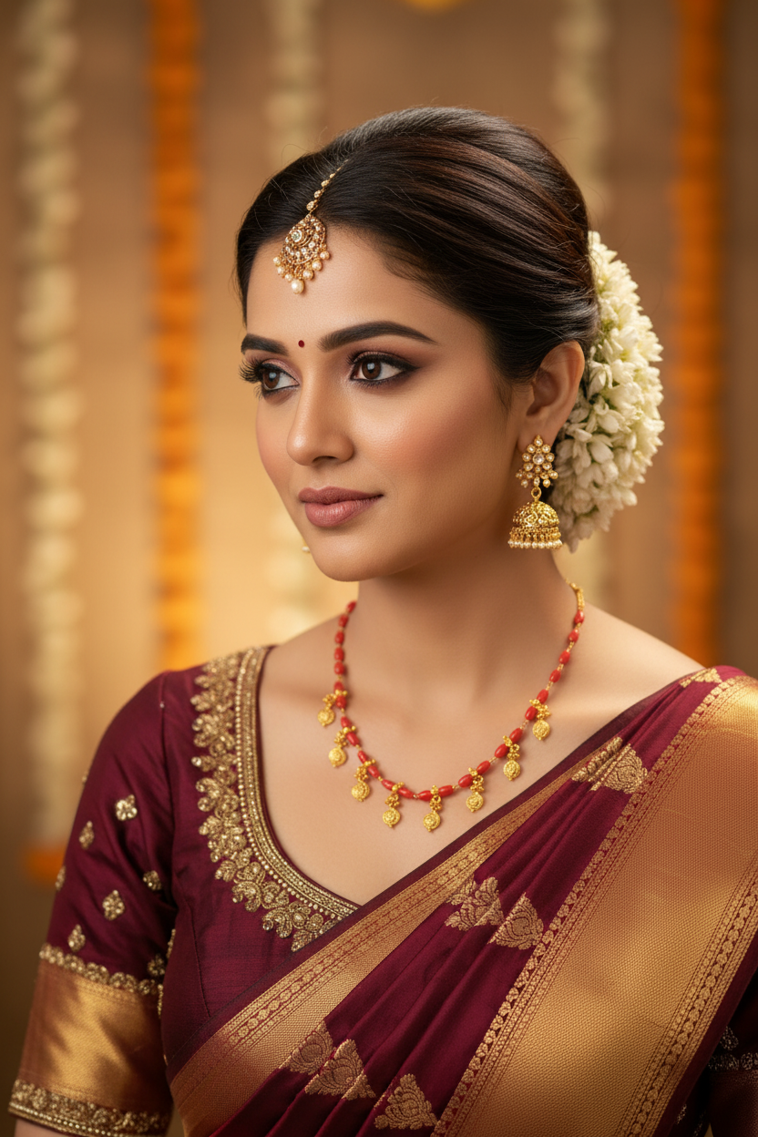 Beautiful Indian woman wearing premium gold-plated necklace with red coral beads