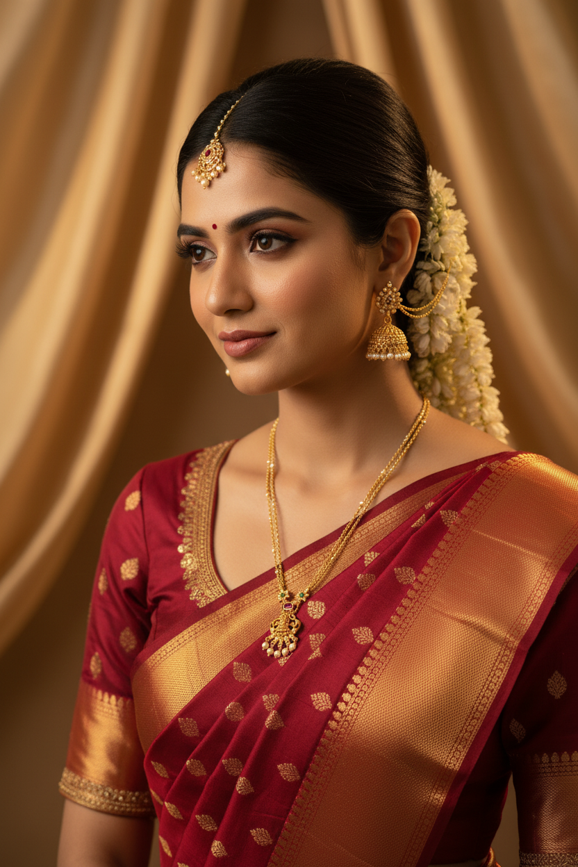 Beautiful Indian woman wearing premium gold-plated temple necklace
