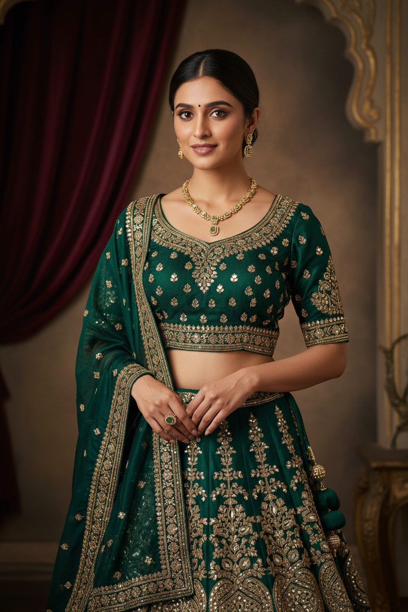 Beautiful Model Wearing Green Stone Necklace Set