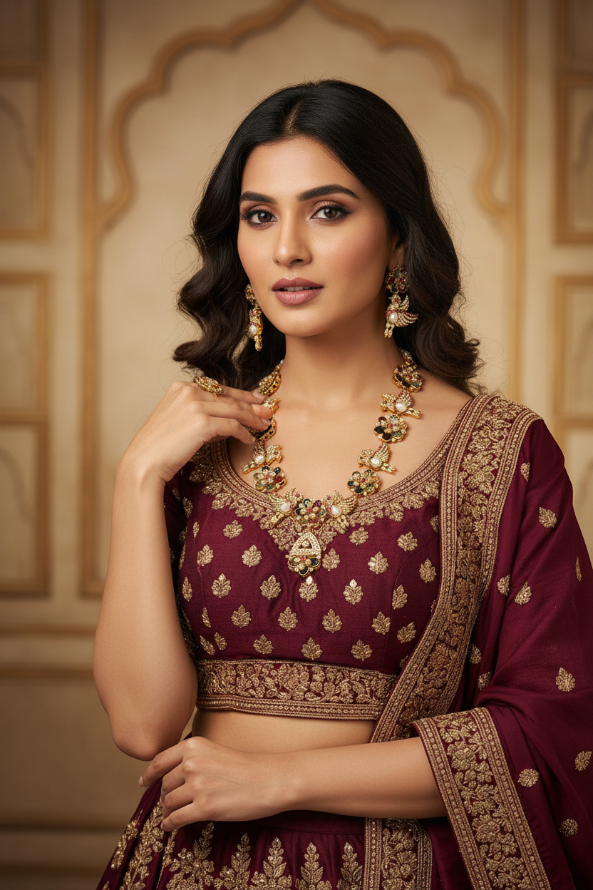 Beautiful Model Wearing Peacock Motif Necklace Set