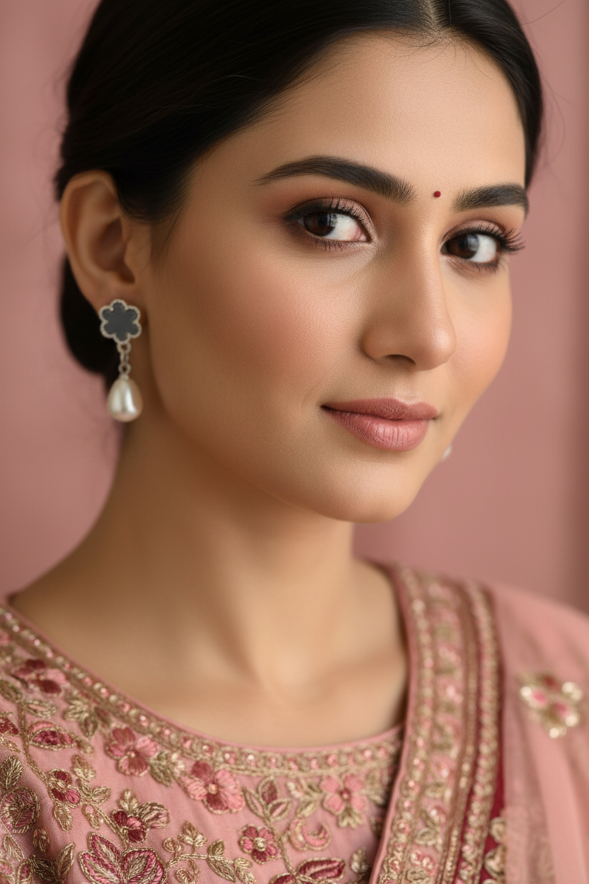 Beautiful model wearing pearl floral earrings