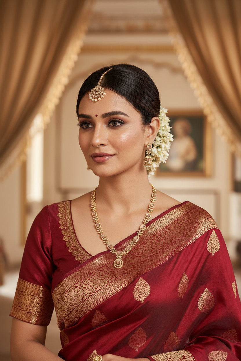 Beautiful Model Wearing Premium Gold-Plated Necklace Set