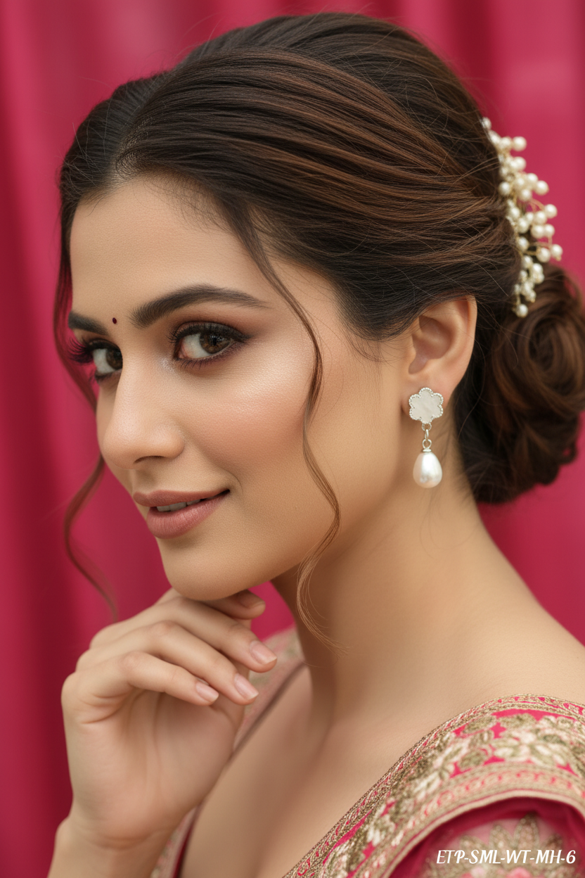 Beautiful model wearing white floral pearl earrings