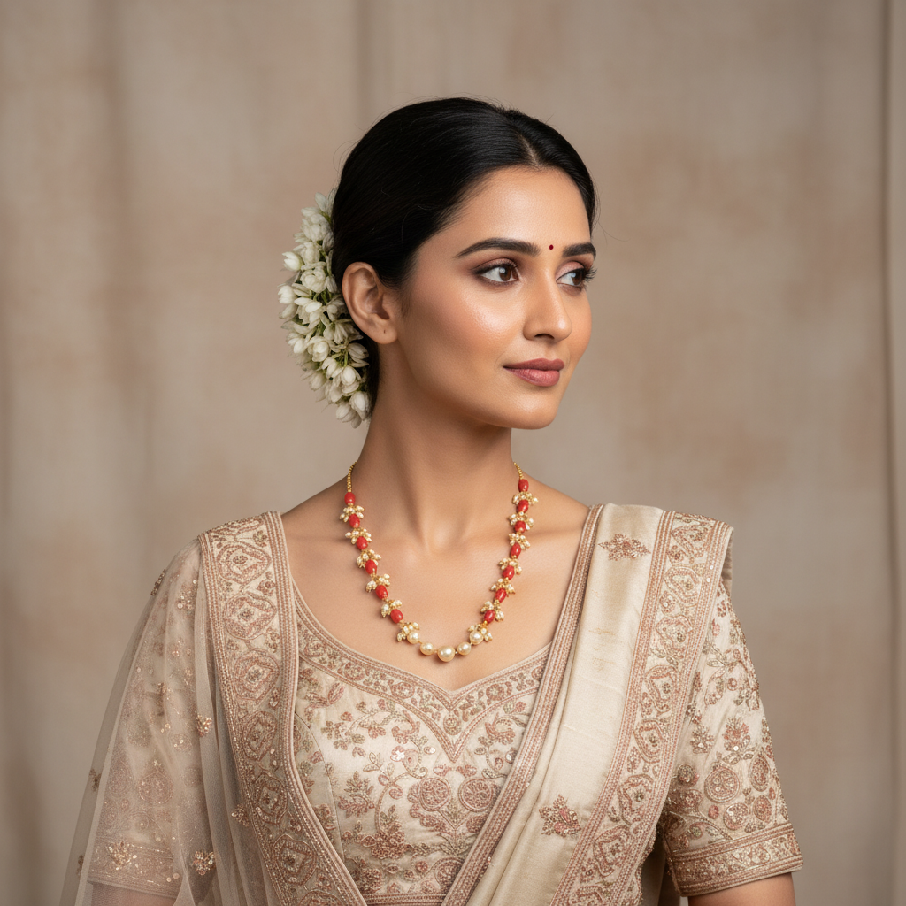 Beautiful woman wearing coral and pearl floral necklace
