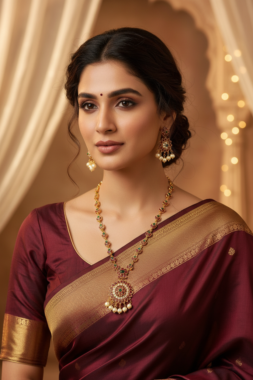 Beautiful Woman Wearing Premium Gold Plated Necklace Set