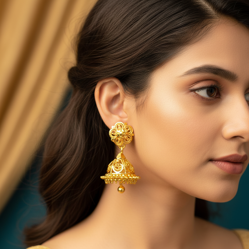 Gold-Plated Jhumka Earrings for Women – Floral Dome Design