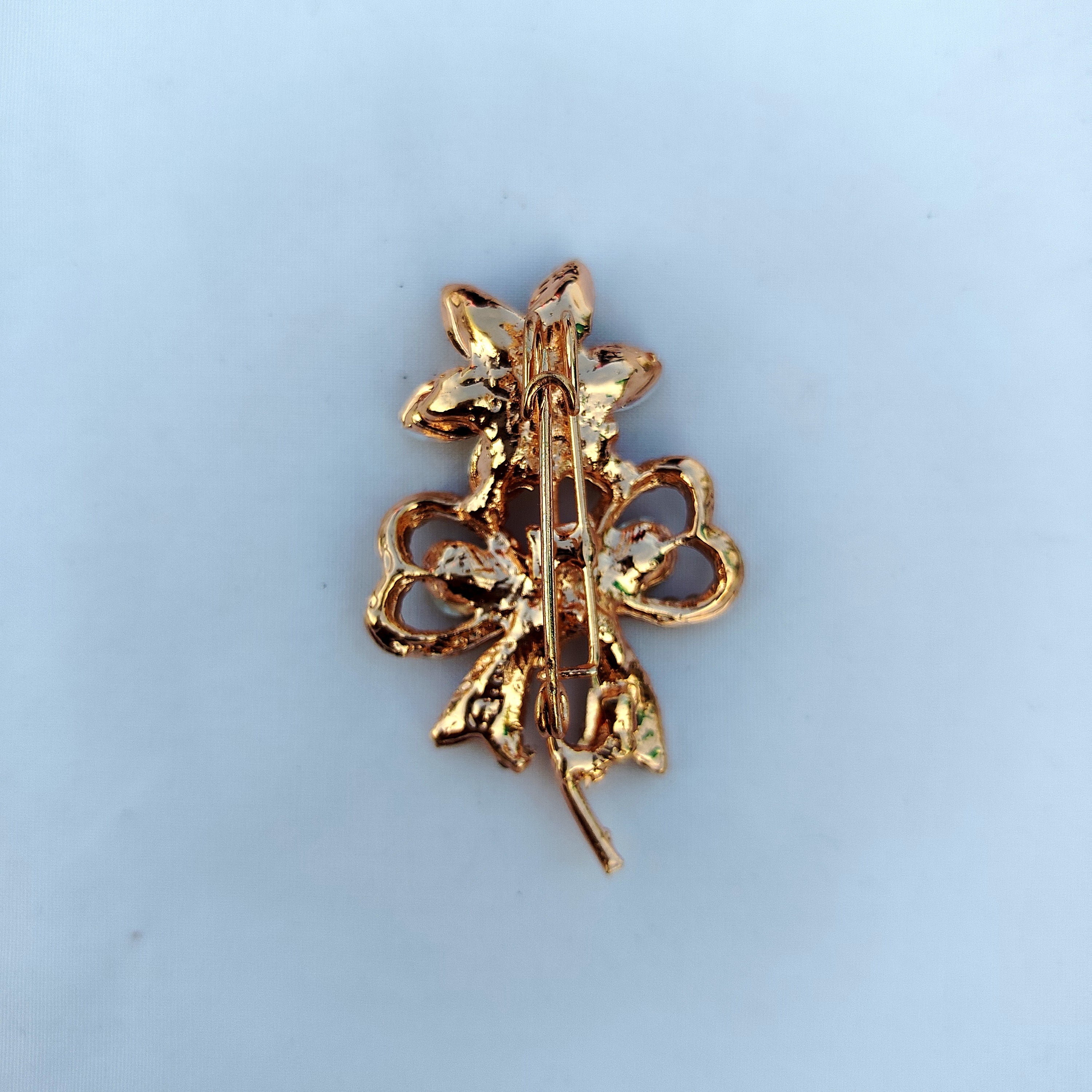 Golden Topaz Double Floral Bow Saree Pin - Champagne Rhinestone Brooch