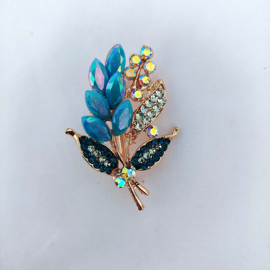 Turquoise Botanical Saree Pin - Mixed Crystal Leaf Rhinestone Brooch