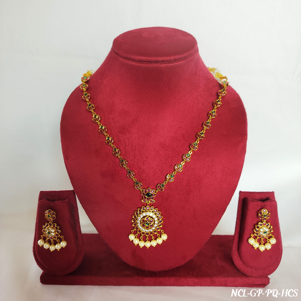 Premium Gold Plated Ruby Necklace Set with Earrings - Traditional Temple Jewelry