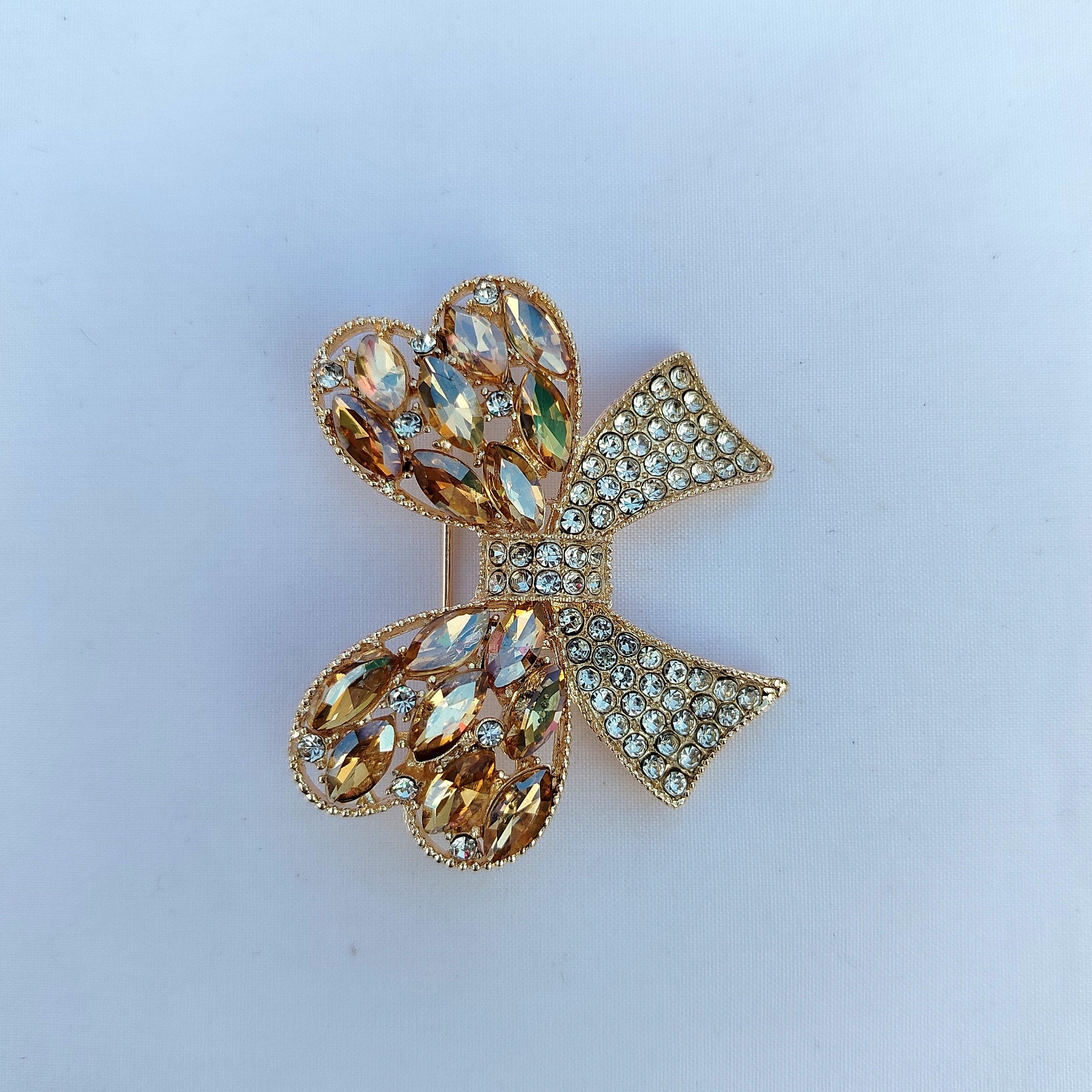 Champagne Crystal Butterfly Saree Clip - Gold Tone Rhinestone Brooch