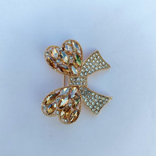 Champagne Crystal Butterfly Saree Clip - Gold Tone Rhinestone Brooch