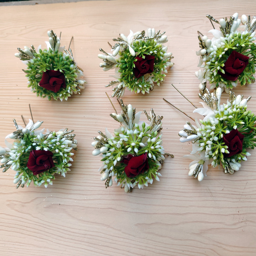 Maroon Rose & Green Floral Hair Clips - Set of 6