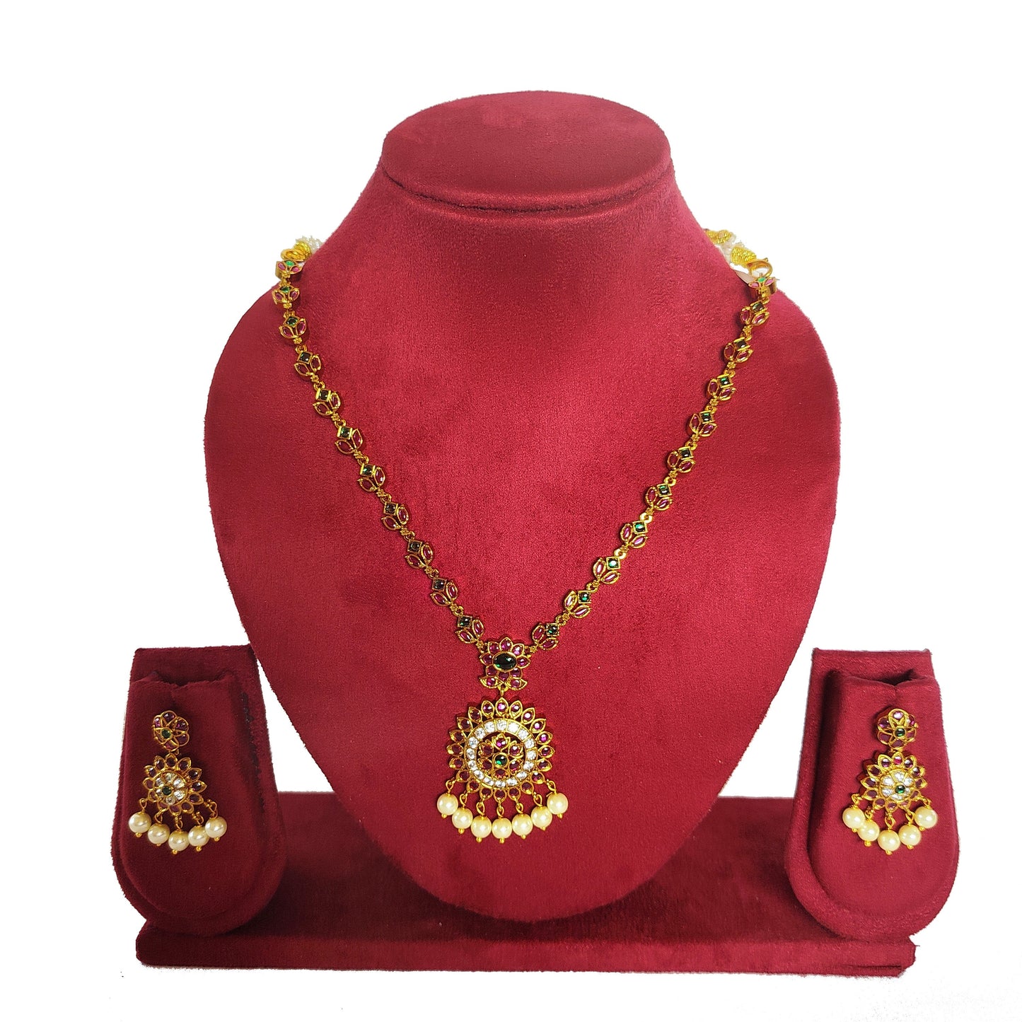 Premium Gold Plated Ruby Necklace Set with Earrings - Traditional Temple Jewelry