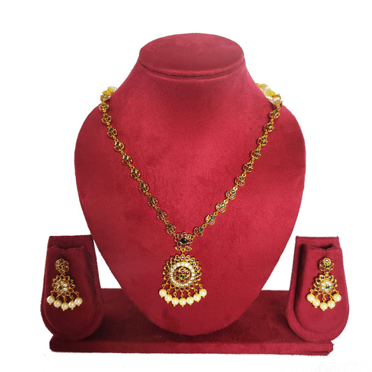 Premium Gold Plated Ruby Necklace Set with Earrings - Traditional Temple Jewelry