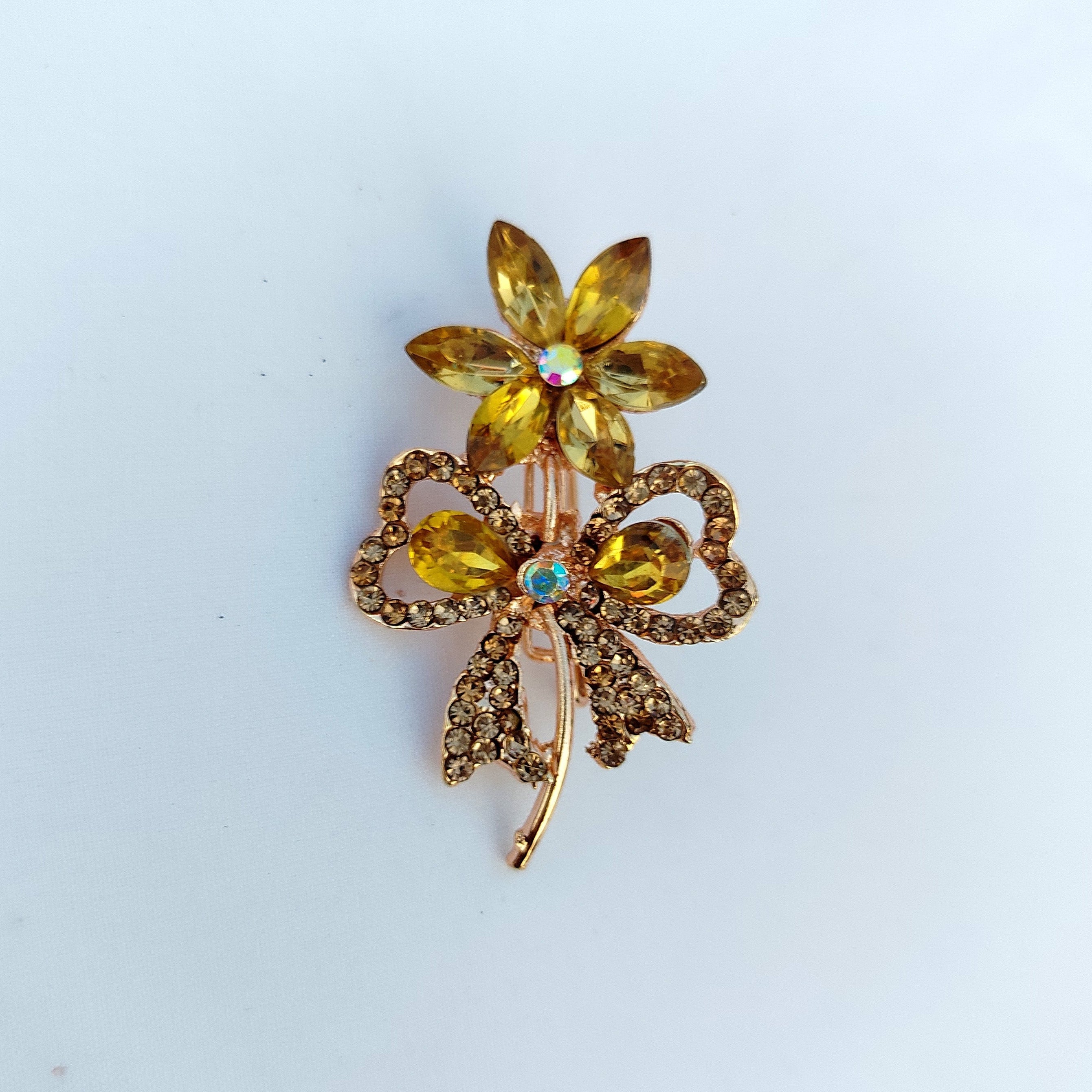 Golden Topaz Double Floral Bow Saree Pin - Champagne Rhinestone Brooch