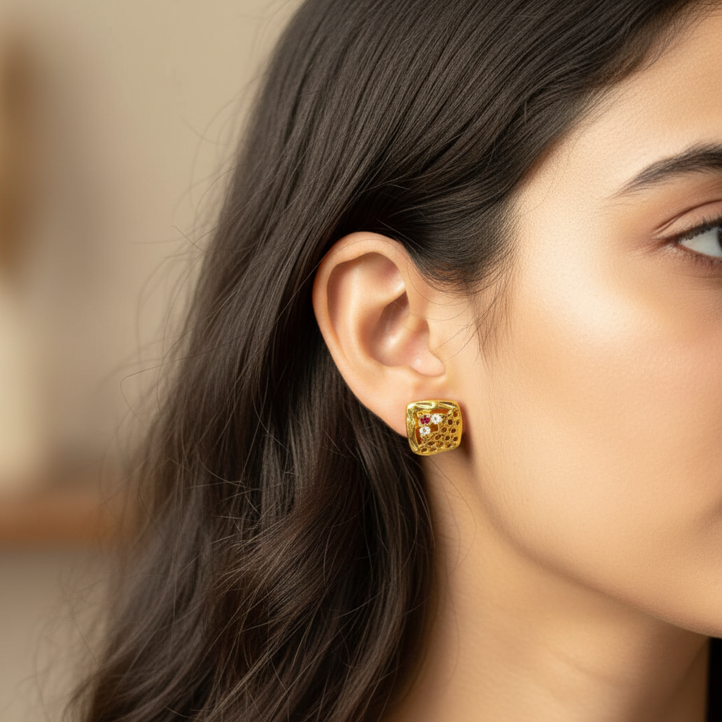 Square gold plated stud earrings with tiny red and white stones