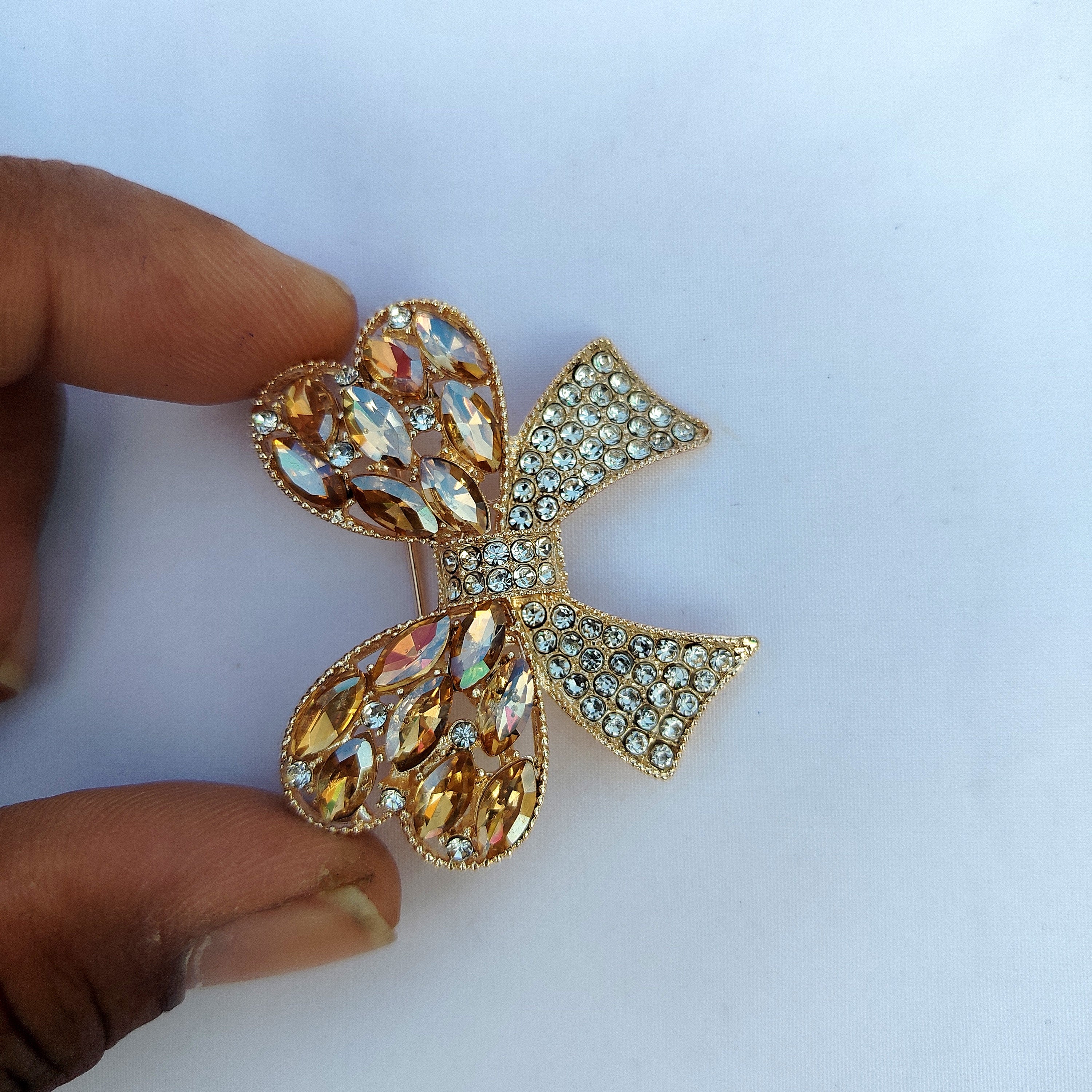 Champagne Crystal Butterfly Saree Clip - Gold Tone Rhinestone Brooch