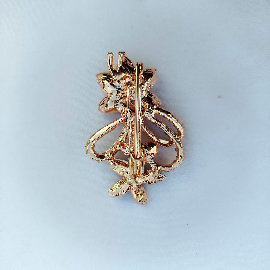 Amber Iridescent Floral Scrollwork Saree Pin - Rose Gold Rhinestone Brooch