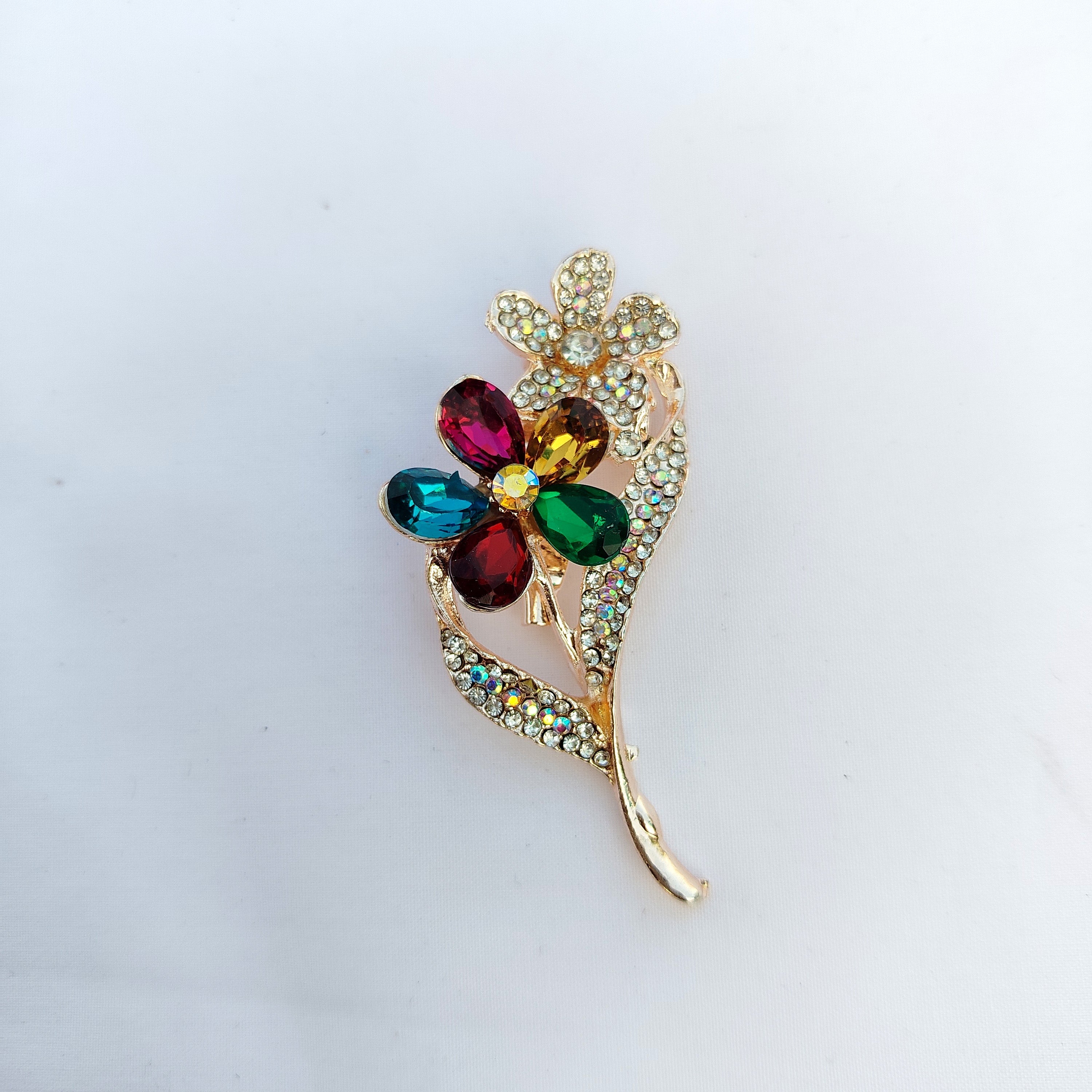 Multi-Color Double Floral Saree Clip - Jewel Tone Crystal Rhinestone Brooch