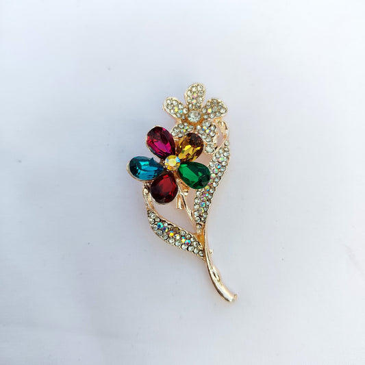 Multi-Color Double Floral Saree Clip - Jewel Tone Crystal Rhinestone Brooch