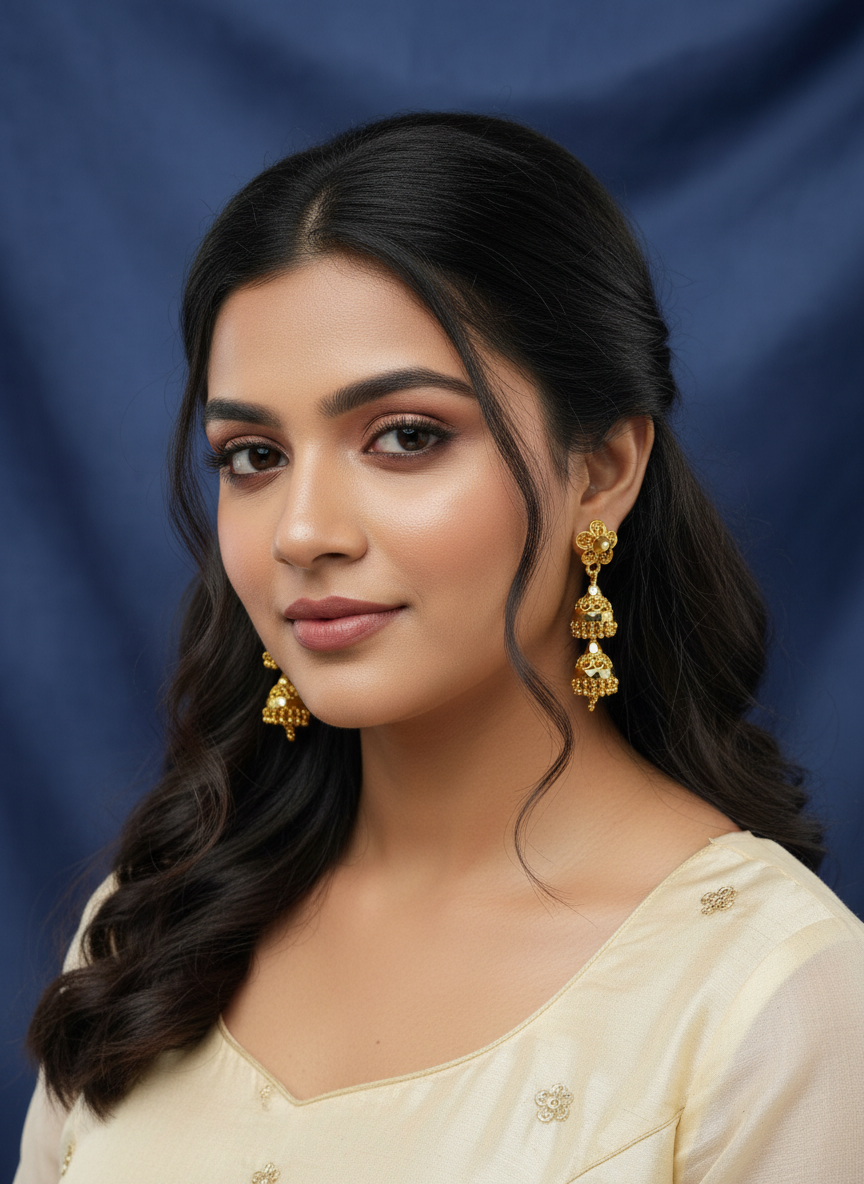 Triple Layer Gold Jhumka Earrings – Elegant & Lightweight